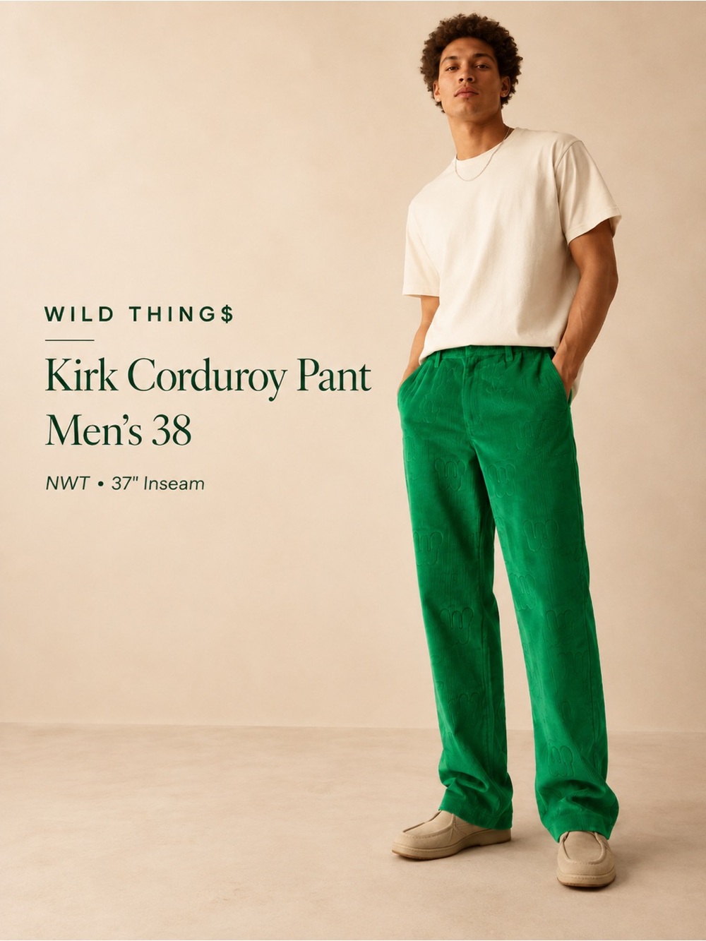 Wild Things Kirk Corduroy Pants Men’s 38 Green Embossed Logo NWT 37” Inseam